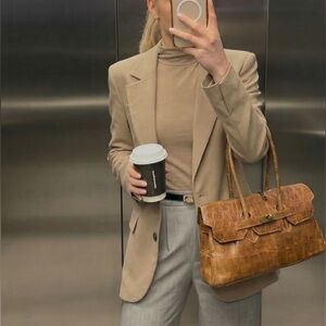 Made in Italy Brown Genuine Leather Bag Croc-Embossed Suede Handbag